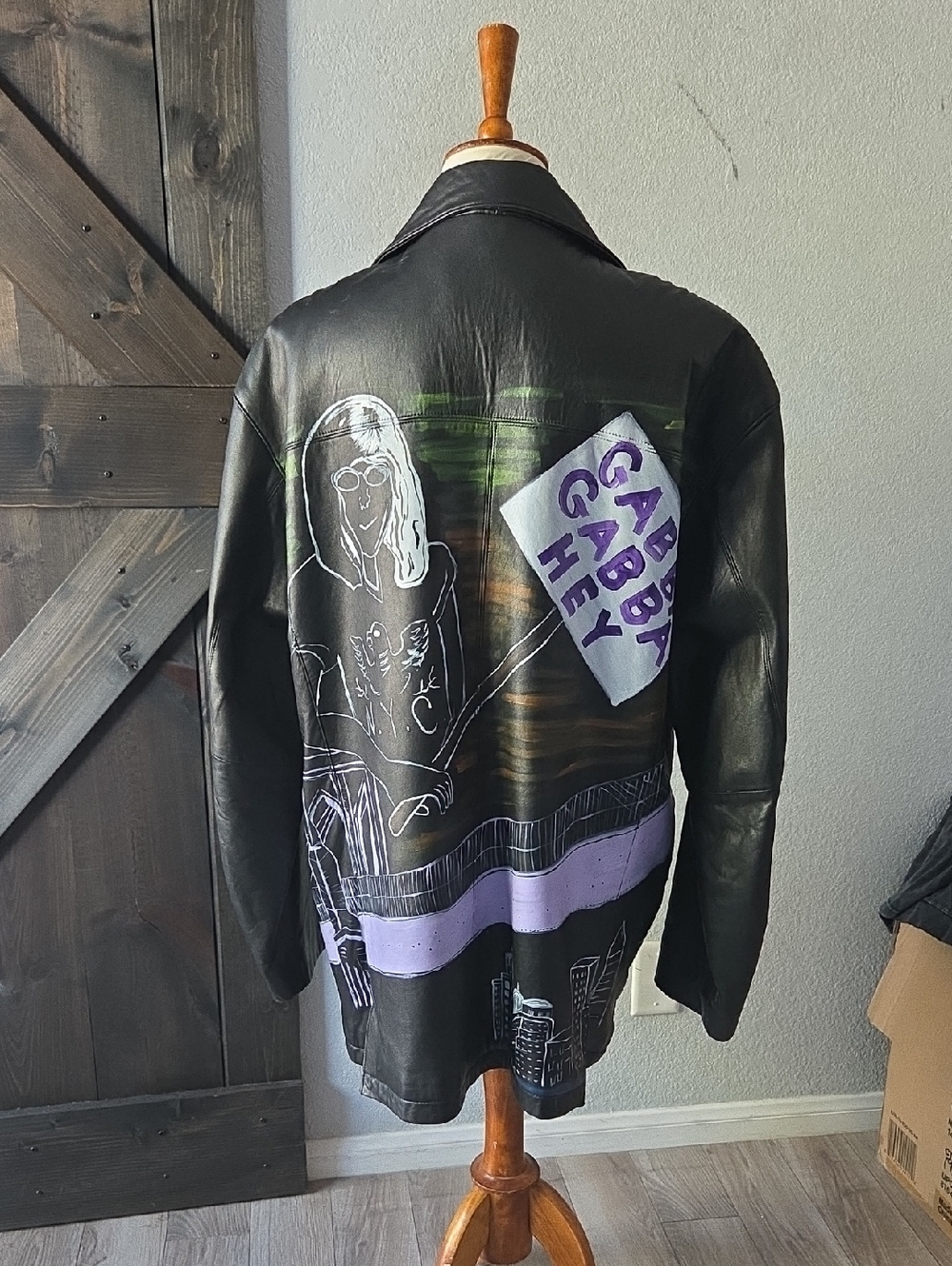 Hand-Painted Black Lambskin Leather Jacket with Ramones XL
